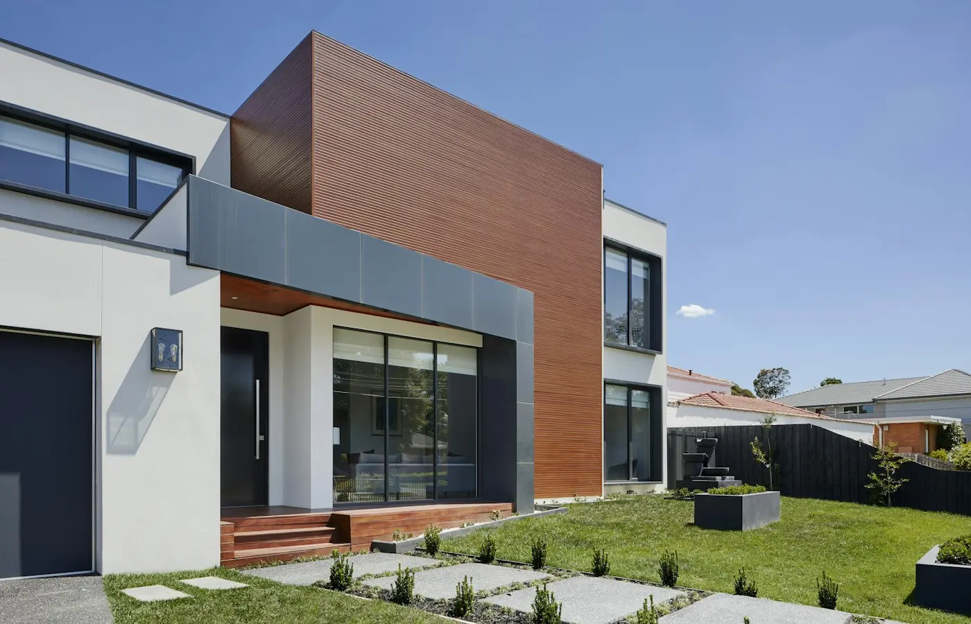 Modern suburban home with front lawn